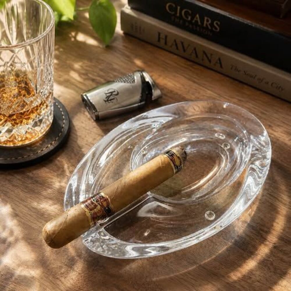 Nat Sherman Crystal Glass Cigar Ashtray – Heavy Etched Oval Ashtray